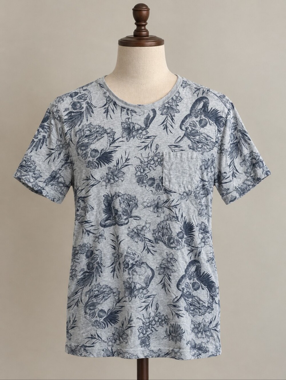 Men's Grey Floral Skull Pocket Tee - Size S